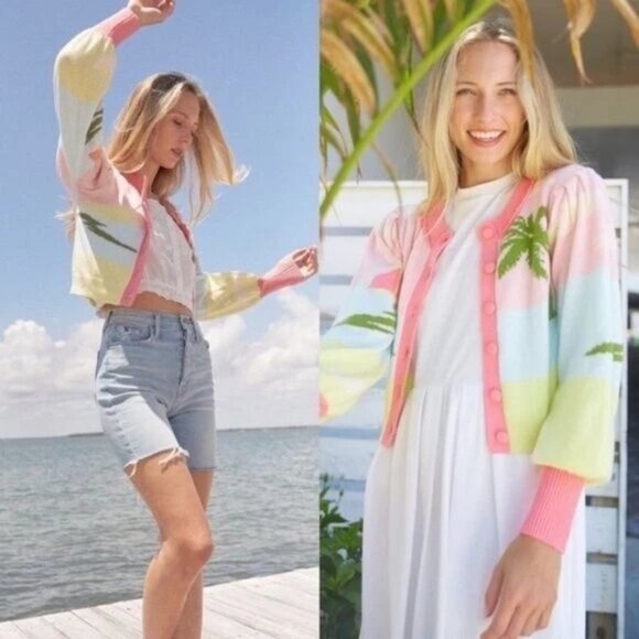 Love Shack Fancy Dabney Palm Tree Cardigan Size medium sweater wool blend - Picture 1 of 6